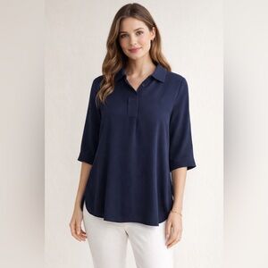 MACHKA Navy Blue Minimalist Pearl Snap 1/2 Collared 100% Silk Short Sleeve Top